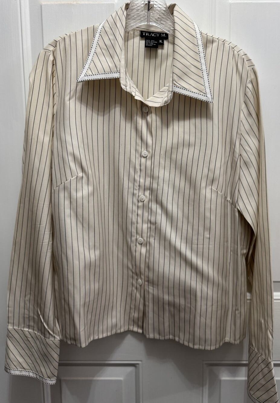 Tracy M Button Up Shirt Long Sleeve Stripes Beige /Black Silk Petite Size XL